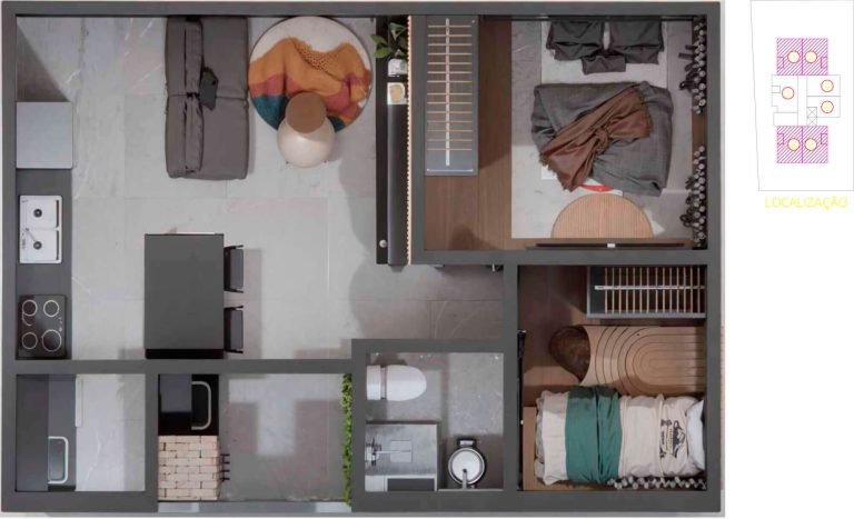 Edifício Heloísa planta de apto decorada tipos 1, 2, 8, 9